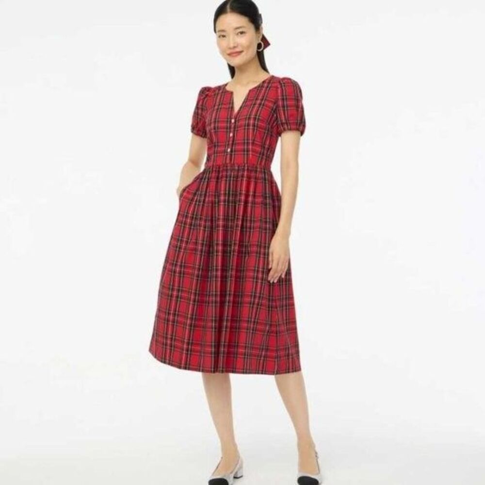 J. Crew Stewart Tartan Plaid Midi Dress 14 Red Puff Sleeve Cotton Blend Holiday